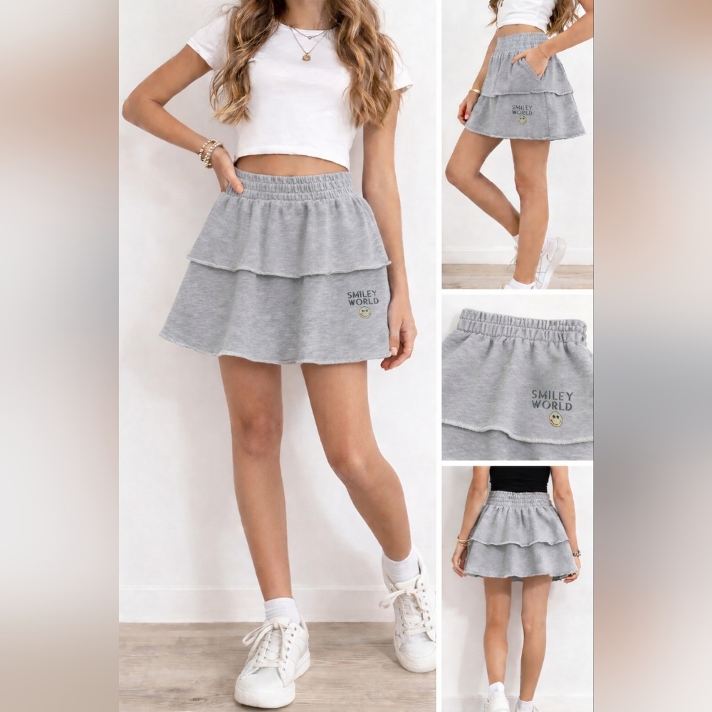Smiley World Gray Tiered Ruffle Skirt Girls XL 16 Holographic Logo